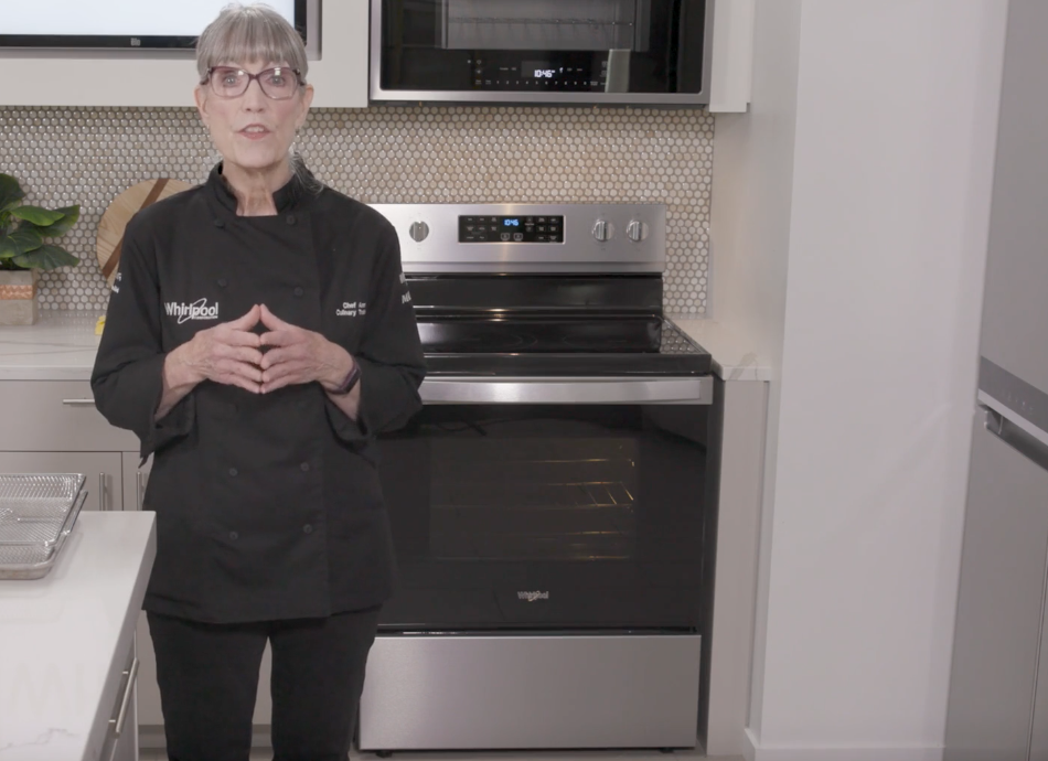 Whirlpools Culinary Training Chef, Chef Ann, demonstrates the ease of Air Fry technology and the crispy results. Air fry technology can now be found within the Whirlpool® and Maytag® cooking line-ups.