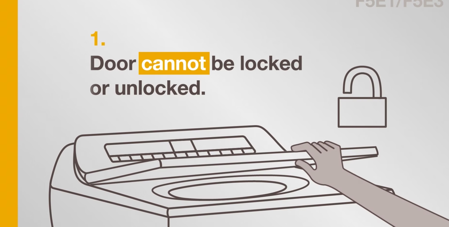 Follow these simple steps to resolve Error Code F5E1/F5E3 on your Whirlpool Brand® washer. This video will assist you if you are experiencing a problem detected with the door lock. If you need further assistance call for service at 1-866-333-4591.