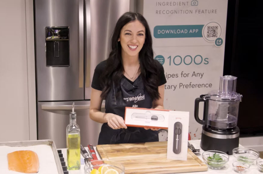 Join Chef Alia and Suyoon for a fun, full cooking demo showcasing the Yummly®️ Smart Thermometer.
Get the results you want, every time, with the wireless Yummly®️ Smart Thermometer. Preset programs for meat, fish, and poultry eliminate the guesswork, while the Yummly®️ app puts you in control. Track your cooking remotely with your smartphone or tablet and get alerted when your food is done. The completely wireless thermometer boasts a range of up to 150 ft. so you can be confident in your cooking—even when you’re multitasking.