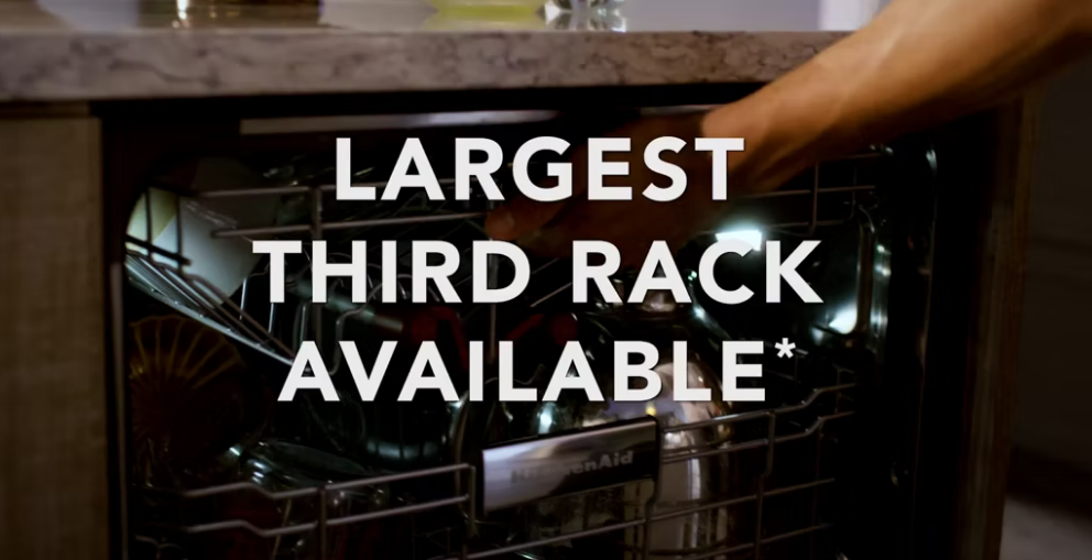 Observe the possibilities with the largest third rack available.* It has a deep, angled design that fits 6 glasses, mugs and bowls. It features rotating wash jets to clean items in the rack, a drying bar with tabs that help wick moisture off glasses and a removable utensil tray for cooking tools.
*Among leading brands based on usable volume.