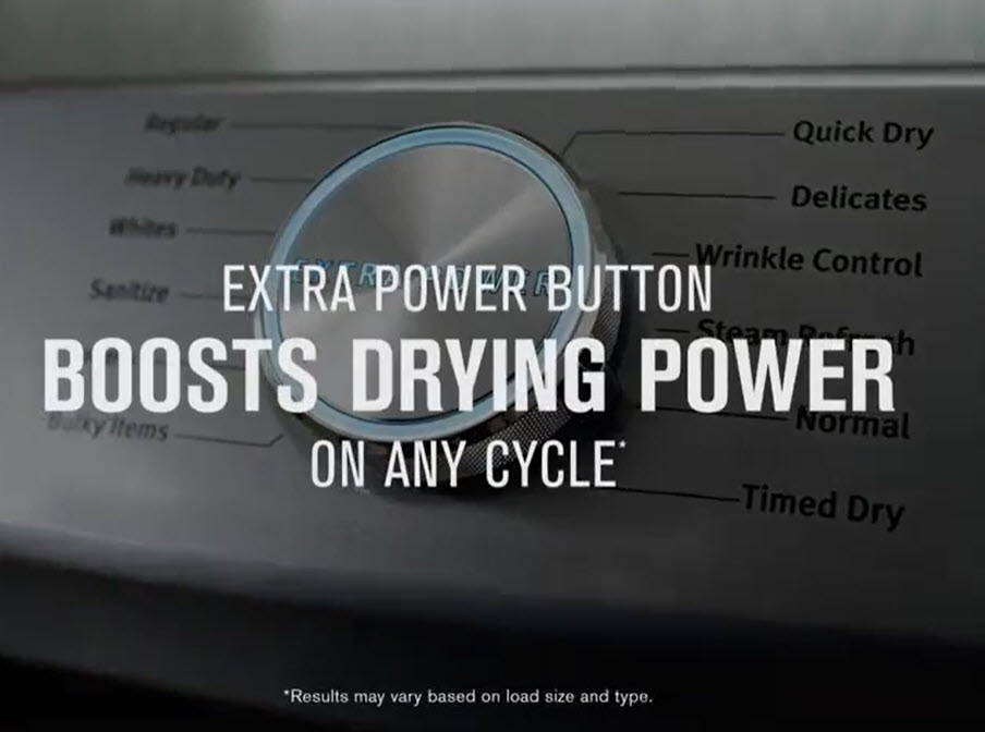 The Extra Power button boosts drying power on any cycle by extending time, heat and tumbling. One push helps prevent underdrying by getting thick fabrics, pockets and seams drier the first time.