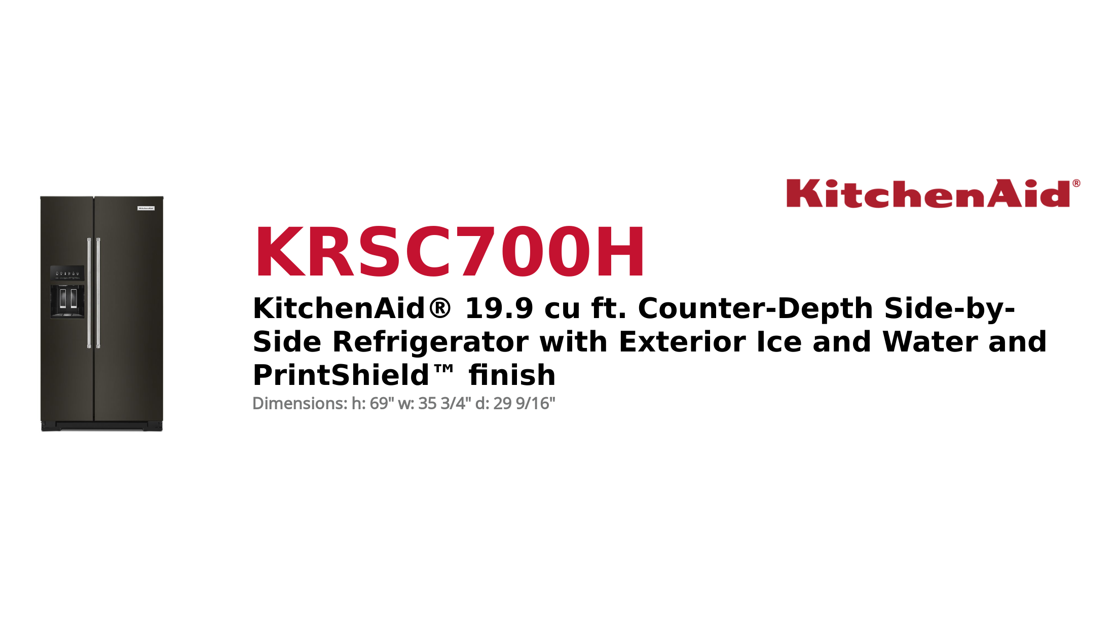 KitchenAid® 19.9 cu ft. Counter-Depth Side-by-Side Refrigerator with Exterior Ice and Water and PrintShield™ finish