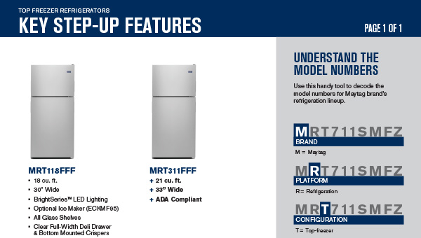 Key step-up features in the Maytag® Top Freezer Refrigeration lineup
