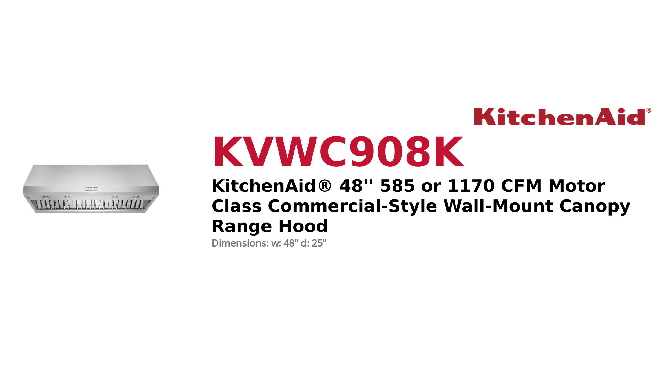 KitchenAid® 48 585 or 1170 CFM Motor Class Commercial-Style Wall-Mount Canopy Range Hood