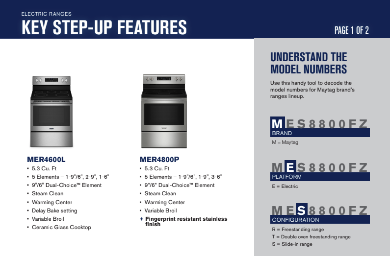 Maytag® Freestanding Ranges Lineup and Specs with key step-up features